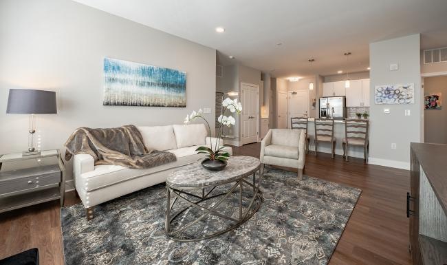 a living room with a couch and a coffee table