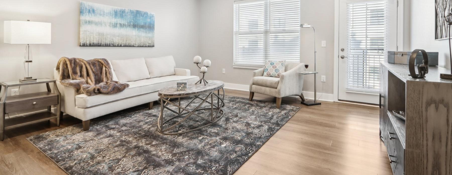 a living room with a couch and a rug