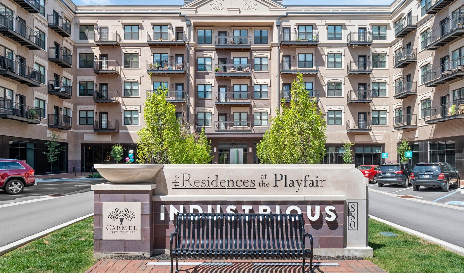 a bench in front of a building